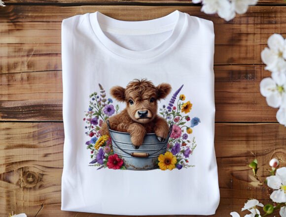 Highland Cow in Flower Bucket PNG: A Whimsical Design Asset