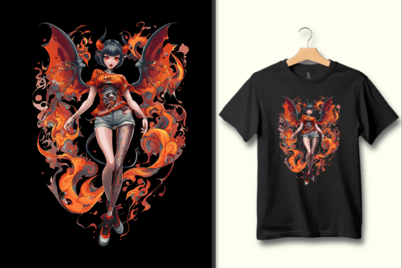Stylish Demon Girl with Fiery Wings: A Bold PNG Design